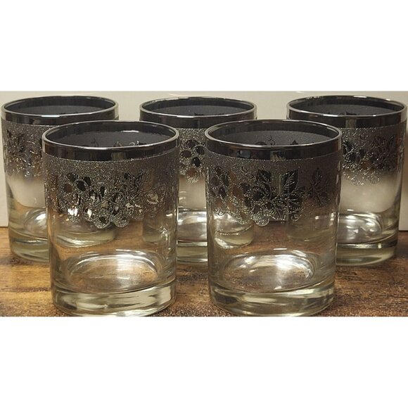 MCM Silver Fade Ombre Old Fashioned Glasses Set of 5 Textured Grapes & Leaves - Picture 8 of 12